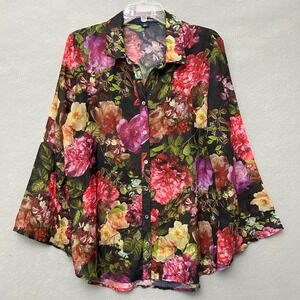 Denim 24/7 Button Up Shirt Womens 16W Black Floral Long Sleeve Blouse 30-4970-7